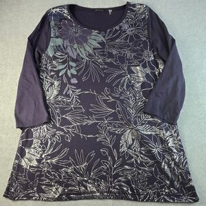 Theory Purple And Silver Floral Top Plus Size 1X Cotton